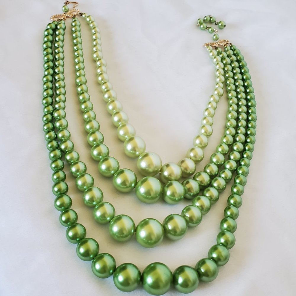 Vintage Faux Pearl Green Graduated Four Strand Collar Necklace
